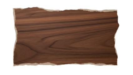 Torn dark walnut wood veneer with rough edges isolated on a transparent background