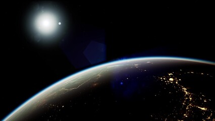 An awe inspiring view of Earth illuminated by sunlight while stars twinkle in the vast universe above. This breathtaking perspective showcases the planets nighttime glow.
