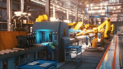 In a bustling factory, robotic arms diligently assemble components with precision and speed. Bright lighting highlights the sleek machinery and organized workflow.