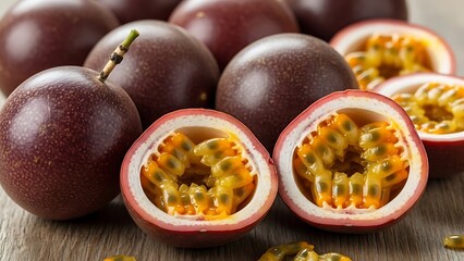 Close-Up of Fresh Whole and Halved Passion Fruits with Juicy Pulp and Seeds.