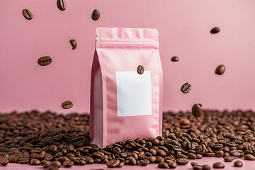 Freshly roasted coffee beans cascade around a stylish pink package, perfect for showcasing your brand's unique blend and delivering a rich, aromatic experience