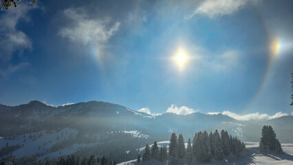 View of the halo around the sun on a winter day in Steibis in Allgau, Bavaria, Germany.