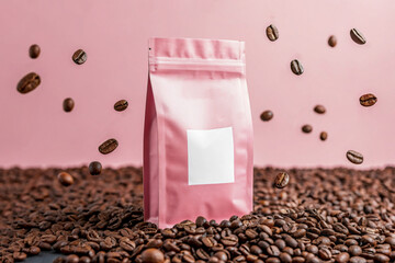 Aromatic coffee beans surround a stylish pink package, perfect for branding and product mockups, capturing the essence of a modern coffee experience