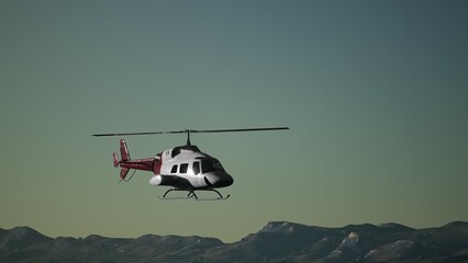 A helicopter glides gracefully over rugged mountain ranges, the sky painted in soft hues as the sun sets in the distance. The tranquil atmosphere reflects a moment of adventure and exploration.