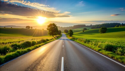 Naklejka premium background of a quiet countryside road, surrounded by green fields and small trees