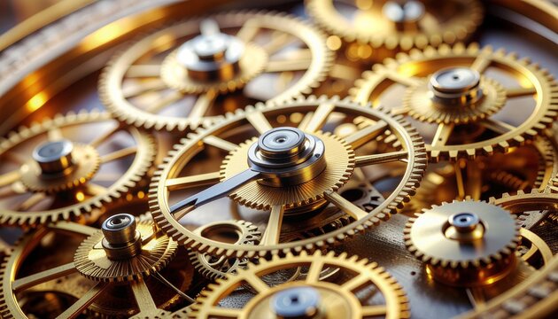  background of a classic mechanical clock in extreme close-up, intricate golden gears and cogs visible