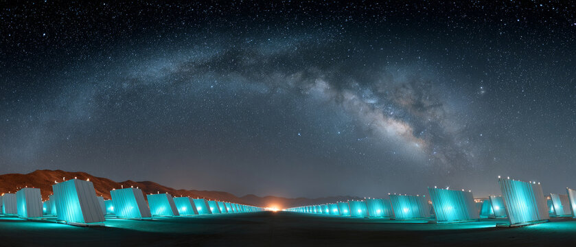 A panoramic view of a night sky filled with stars and the milky way, lit up by an array of blue lights on what appears to be solar panels in a desert landscape