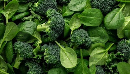 background of fresh green vegetables covered with morning dew, spinach, broccoli,
