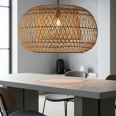 Rattan Woven Pendant Light over Modern Concrete Dining Table