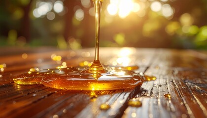 background of natural honey flowing smoothly over a wooden surface