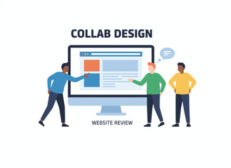 A creative team follows a workflow: web designers and developers collaborate to build a website page with content, embodying teamwork in technology, illustrated by a flat vector isolated on a white