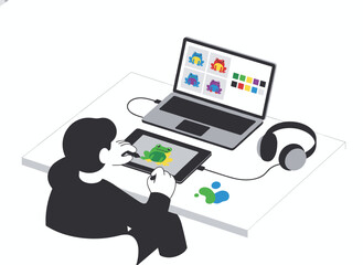 A digital illustrator uses a stylus on a graphic tablet and laptop while working at a table, creating flat vector artwork that showcases artistic talent and skill