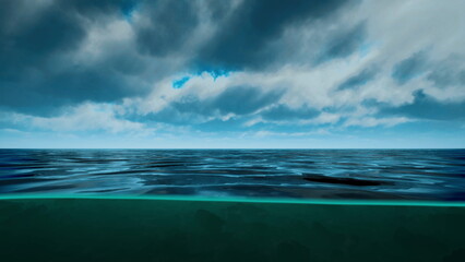 Obraz premium Vast ocean stretches beneath an expansive sky filled with dramatic clouds. The calm water reflects the changing hues of the atmosphere, creating a serene and captivating vista.