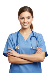 Fototapeta premium A smiling young female healthcare professional wearing blue scrubs and a stethoscope arms crossed isolated on transparent background