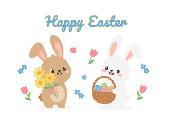 Obraz premium A flat cartoon vector illustration of a pair of cute, funny bunnies gathering spring flowers and eggs, with holiday lettering handwritten in cursive font, presented as an Easter greeting card