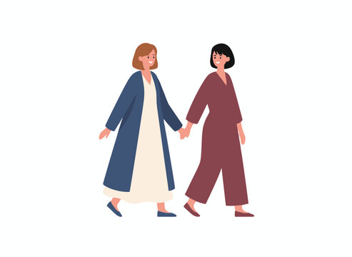 A flat vector illustration of a lesbian pair of young girls in love, showing an unconventional relationship and expressions of fondness, with two women holding hands as cartoon characters