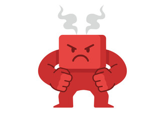 A furious, angry character with an aggressive, mad, fierce expression, a red figure in rage, irritation, and tension, an irritated man with a bad temper, shown as a flat vector illustration on a