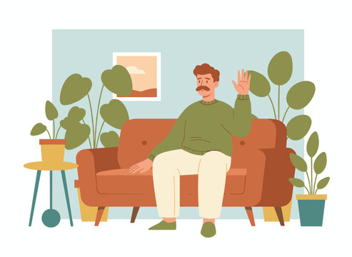 A smiling, mustached man waves and says hello, greeting someone in a friendly portrait, depicted as a flat vector illustration on a white background