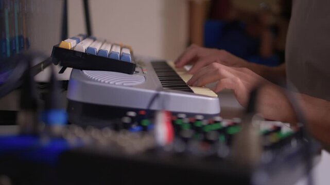 Closeup of tactile controls and vibrant patch cords in studio, Adjusting analog sequencing equipment with bright cables and warm ambient lighting in home studio