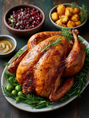 Thanksgiving roast turkey dinner with festive sides