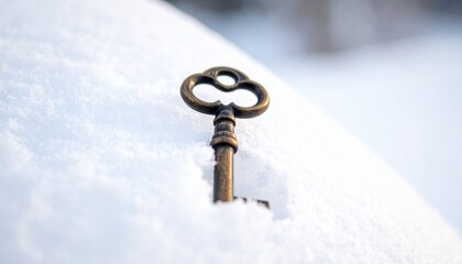 vintage brass key on snow surface