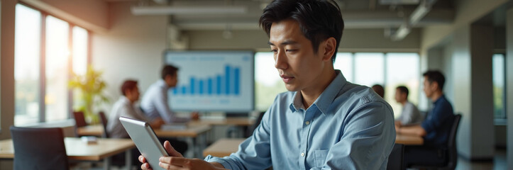 Using tablet, Asian businessman reviews diagrams in corporate office. Asian businessman considers graphs and statistical insights in modern office, consulting team members.