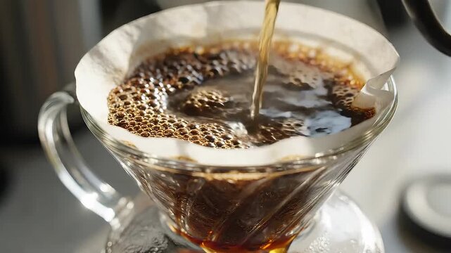 Closeup of coffee brewing in a pourover dripper showing the rich dark liquid and bubbling foam as hot water is poured over ground coffee beans.