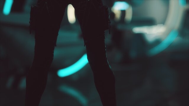 A lone figure is silhouetted against glowing technology, evoking a sense of mystery and adventure. The ambient lighting highlights the contours and weaponry, creating tension.