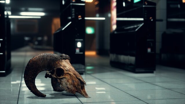 A detailed ram skull lies on a sleek, reflective floor within a high tech setting. Soft lighting casts intriguing shadows, creating an eerie yet captivating atmosphere in this modern space.