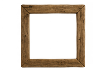 Rustic wooden picture frame providing an empty border for creative content on a transparent background