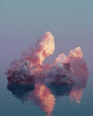 glowing pink icebergs reflecting on calm water at sunrise surreal landscape