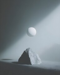 minimal surreal scene with floating sphere and icy rock in soft light minimalist dark scene