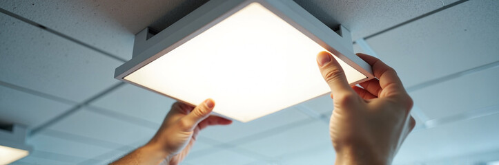 Installing LED panel light on ceiling with hands, modern lighting fixture. LED panel light ensures efficient, even illumination, ideal for office or home spaces.