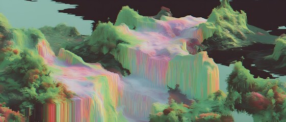 surreal neon landscape with cascading rainbow cliffs and digital terrain neon landscape