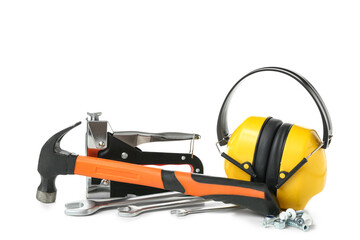 Fototapeta premium Carpenter's tools and hearing protection earmuffs on white background