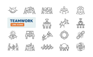 Teamwork line icon set. Business team work communication people support discussion. Cooperation community conversation.
