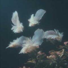 soft white feathers floating above dreamy flowers in ethereal light serene background