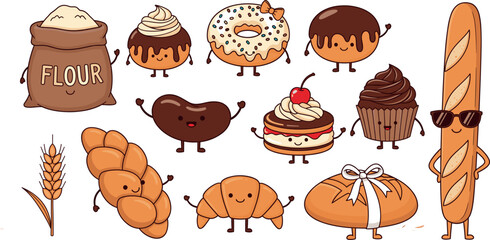 Set of cute bakery character illustrations including donuts cupcakes croissant bread and flour bag in fun cartoon vector style