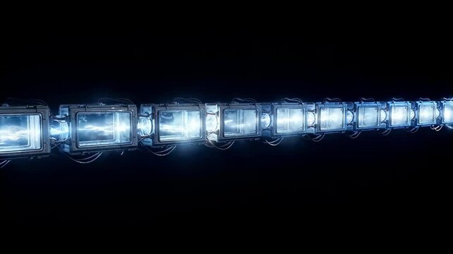 A long row of glass chambers flashes sequentially with powerful white-blue light in total darkness, creating a chain reaction