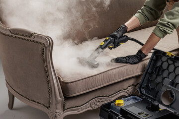 Steam sanitizing upholstered sofa with professional cleaner equipment