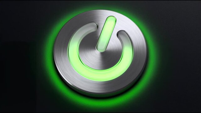 A circular metallic power button with the on symbol glows with a bright neon green light on a dark textured surface, signaling the activation of an electronic device