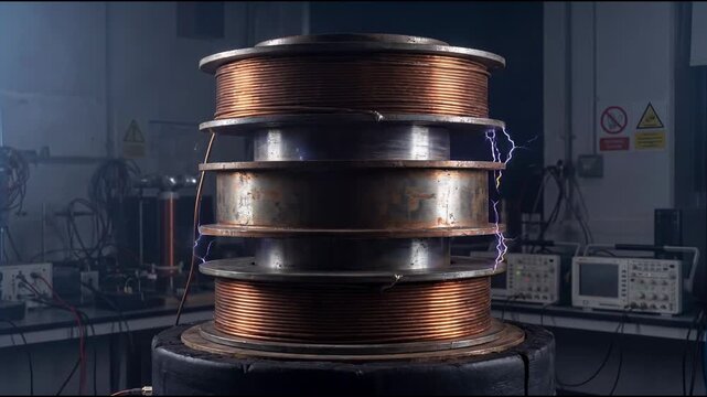 A powerful electrical apparatus with copper wire coils generates a strong electric discharge, glowing purple-blue light, between metal discs in a laboratory setting