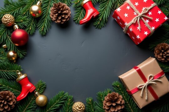 A beautifully arranged festive scene featuring Christmas decorations, gifts, and pine cones on a dark background.
