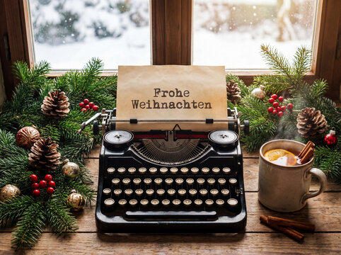 Cozy Christmas Greetings with Vintage Typewriter and Mulled Wine - Powered by Adobe