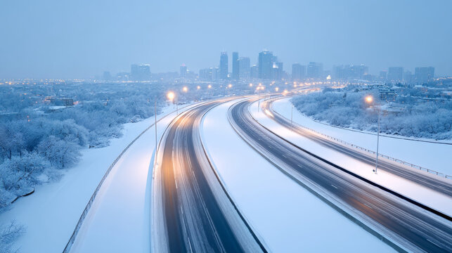 Aerial view of a highway with snow on the ground and city in background at night time-lapse photo