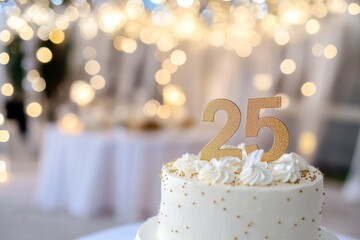 25th birthday cake adorned a gold accents. Birthday party. Blurred light festive background. Golden balloons. Twenty five years, Twenty-fifth anniversary. Celebration cake, golden candles. Numbers 25