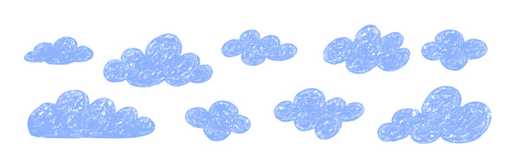 Naklejka premium Cloud hand drawn children grunge design. Drawing sky clouds abstract crayon texture doodle icon