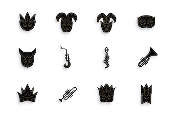 festive mardi gras icons, simple mardi gras symbol set masks, beads, trumpets, crowns in minimalistic line art style
