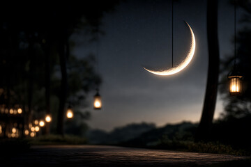 ramadan decorations, ramadans peaceful mood with softly glowing crescent moon and lanterns under serene night sky