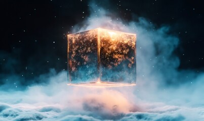 Magical glowing cube filled with snow and ice crystals floating above a misty winter landscape, creating a fantasy scene